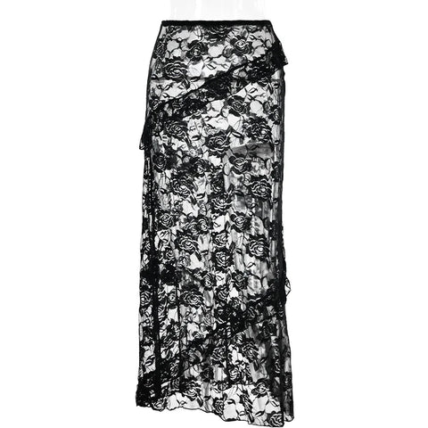 Sonicelife-Fashion Lace Skirts Women 2024 High Waist Ruffles See-through Long Dress High Street Elegant Ladies Black White Party Skirt