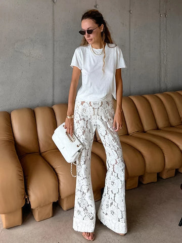 Sonicelife Aynaray 2024 Summer Women Sexy Lace Flare Pants Beach Solid White High Waist Sheer Trousers Female