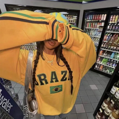 Back To School Sonicelife 2000s Retro Gothic New Brazil Flag Graphic Yellow Pullover Hoodie Women Harajuku Y2k Aesthetic Long Sleeve Sweatshirt Streetwear