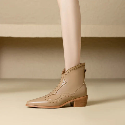 Sonicelife NEW Autumn Women Boots Genuine Leather Shoes for Women Pointed Toe Chunky Heel Shoes Zip Beige Short Boots Rivet Designer Boots