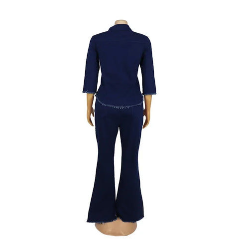 Sonicelife Two Piece Set Women Cowboy Suit Jean Jacket Single Breasted Turndown Collar Hole Flare Pants Female Outfits Casual Ensemble