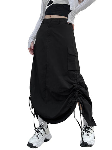 Sonicelife Retro Women Long Cargo Pocket Baggy Skirts Side Drawstring Low Rise Solid Pockets Hip Hop Straight Skirts Y2k Streetwear