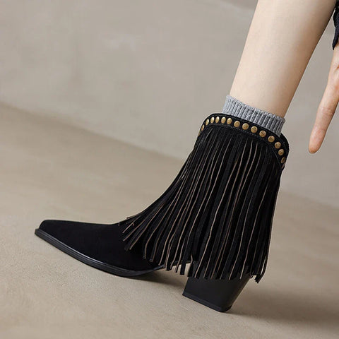 Sonicelife NEW Autumn Women Boots Cow Suede Leather Shoes for Women Pointed Toe Chunky Heel Shoes Rivet Tassel Boots Slip-on Modern Boots