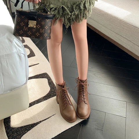Sonicelife NEW Fall Shoes Women Split Leather Boots Round Toe Chunky Heel Women Boots Winter Solid Lace-up Ankle Boots Western Boots Women
