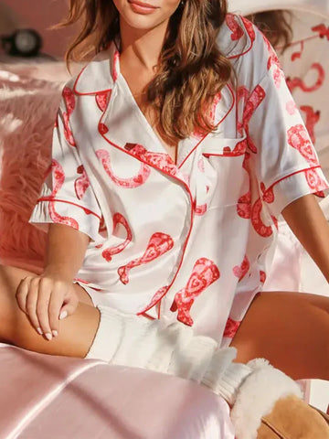 Sonicelife Women's 2Pieces Pajama Set Heart/Boots Print Short Sleeve Lapel Button Closure Shirt with Shorts Sleepwear Loungewear