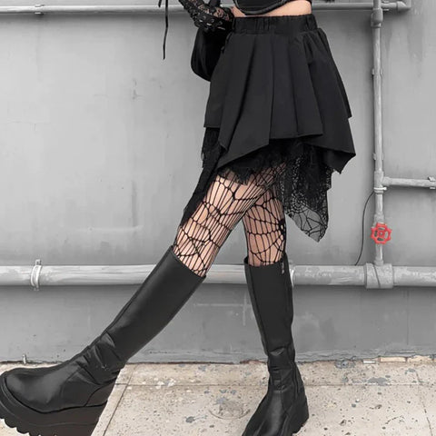 Sonicelife Women's Gothic Design Skirt Summer New Fever Supply Music Festival Halloween Irregular Design Spider Web Skirt