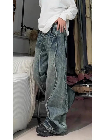 Sonicelife Oversize Vintage Street Denim Pants Women Y2k E-Girl High Waist Ruched Straight Trousers 2024 Spring New Loose Wide Leg