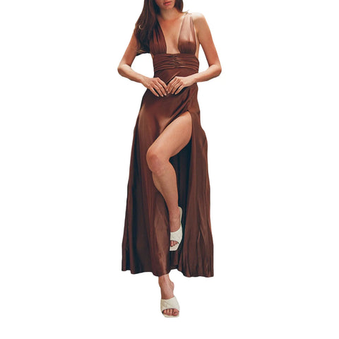Sonicelife-Women Evening Party Deep V Neck Solid Color Low-Cut Sleeveless Cocktail Dress Summer Backless High Slit Long Dress