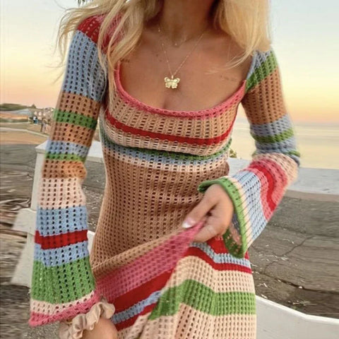 Sonicelife Y2K Vintage Hollow Out Knitted Bodycon Dress Beach Style Off Shoulder Patchwork Long Sleeve Crochet Maxi Dress Elegant Women