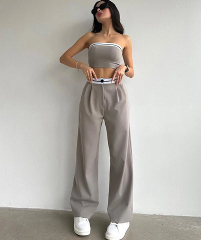 Sonicelife Sleeveless Crop Top and High Waist Wide Leg Trousers Casual Set