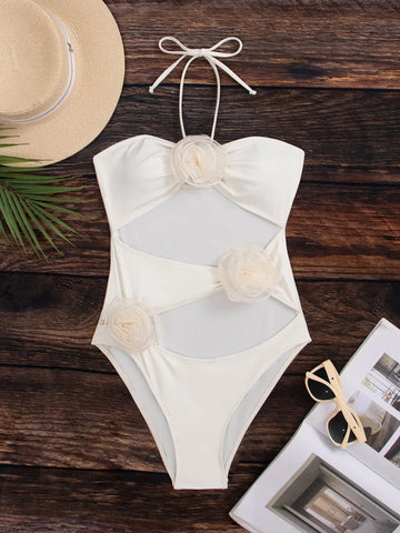 Sonicelife Floral 2024 Sexy Women One Piece Swimsuit Female Swimwear Lace Bandage Hollow Out Monokini Swimming Suit Bathing Suit Beachwear