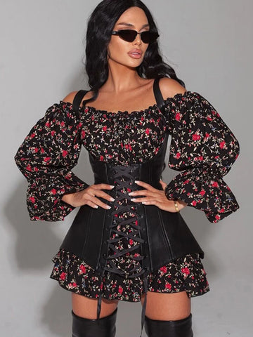 Sonicelife hoco dresses Aynaray 2024 Autumn Winter Women Mini Off-Shoulder Dress Floral Printed Long Sleeve A-Line Flare Corset Dress