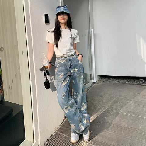 Sonicelife Straight Pants Denim Buttoned High Waist Streetwear Jeans Vintage Slight Blue Jeans Long Y2k Work Summer Blue Jeans Capris