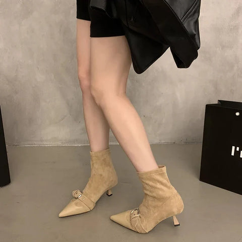 Sonicelife Vintage Women Slim Sock Ankle Boots Fashion Elegant Pointed Toe Shoes Autumn High Heel Women's Short Booties