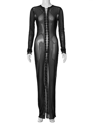 Sonicelife-Sexy Women Hollow Out Bandage Black Mesh Dress 2024 O-neck Long Sleeve Bodycon Lace-up See-through Party Night Club Dresses