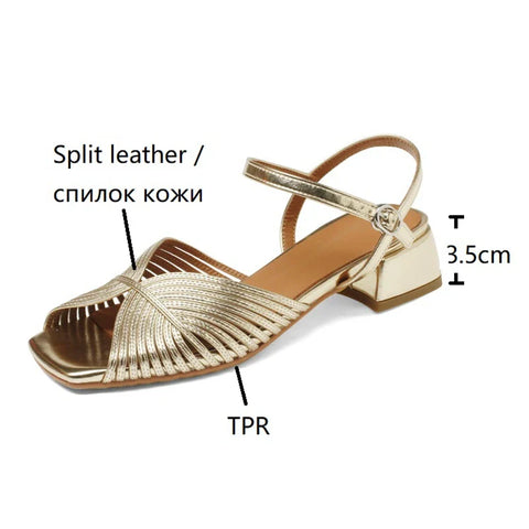 Sonicelife Summer Women Sandals Split Leather Shoes for Women Square Toe Chunky Heel Shoes Fashion Narrow Band Sandals Solid Handmade Shoes