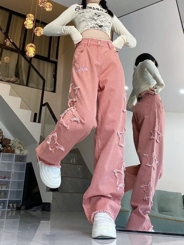 Sonicelife American Retro Star Embroidery Pink Jeans for Women Y2k E-Girl High Waist Denim Pants 2024 Summer New Loose Wide Leg