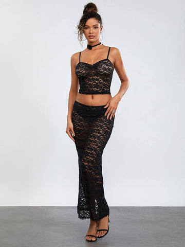 Sonicelife See-Through Black Lace Crochet Dress Sets Summer Women's Clubwear Outfits Spaghetti Strap Camis Crop Top+Long Skirts