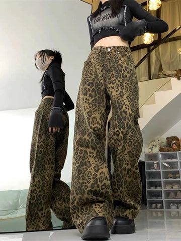 Sonicelife Baggy Leopard Print Y2k Jeans Women 2024 New High Waisted Casual Wide Leg Denim Pants Fashion Streetwear Retro Straight