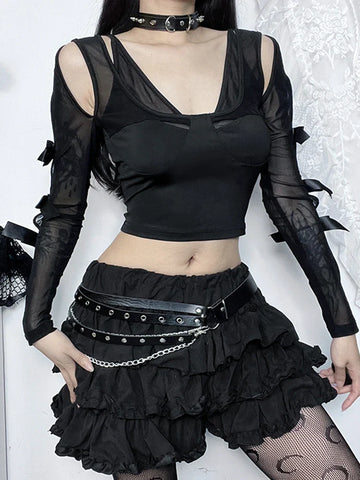 Sonicelife Women's Gothic Directional Design Top 2024 New Sexy Corset Mesh Cut Off Short Bow Spice Girl Long Sleeve Top