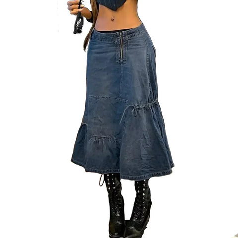 Sonicelife Women Skirts Denim Solid Color Vestidos Draw String Slim Party Dress Flounced Edge Sexy Wrap Buttocks High Street Patchwork