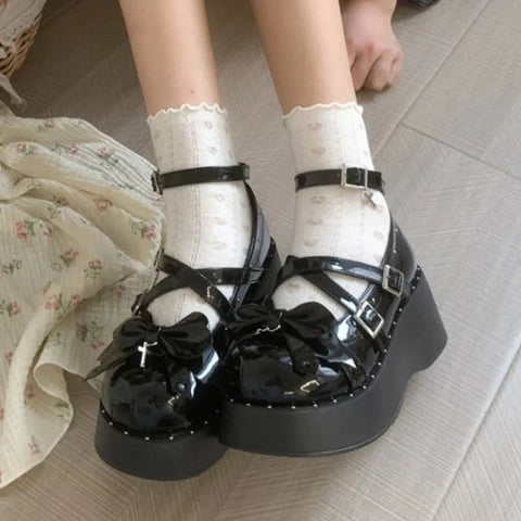 Sonicelife 2024  Sweet Tea Party Mandarin Duck Shoes Cos Girl Cream Bubbles Bow Kawaii Shoes Lolita Girls High Heel LoliShoes 35-40