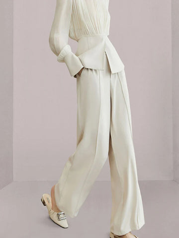 Sonicelife Long Sleeve Top with Wide Leg Trousers Semi-Formal Ivory Suit