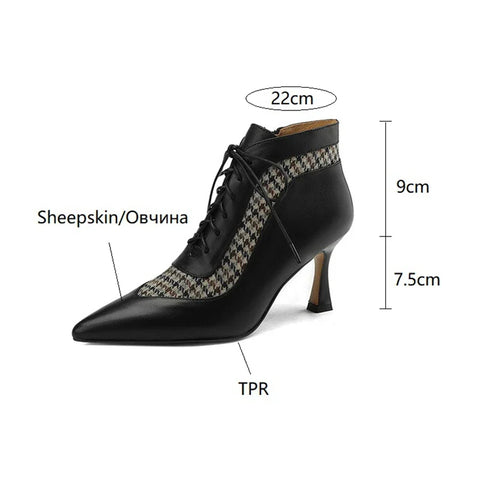 Sonicelife NEW Autumn Women Shoes Genuine Leather Ankle Boots Pointed Toe High Heel Boots for Women Lattice Black Boots Retro Modern Boots