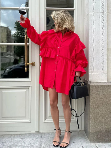 Sonicelife hoco dresses 2024 Winter Spring Women Solid Red Mini Shirt Dress Office Ladies Ruffles Long Sleeve Loose Fit Dress For Women