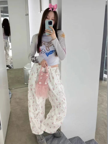 Sonicelife Fashion Sweet Floral Print Pants for Women 2024 Summer New High Waist Drawstring Trousers Y2k Straight Loose Wide Leg