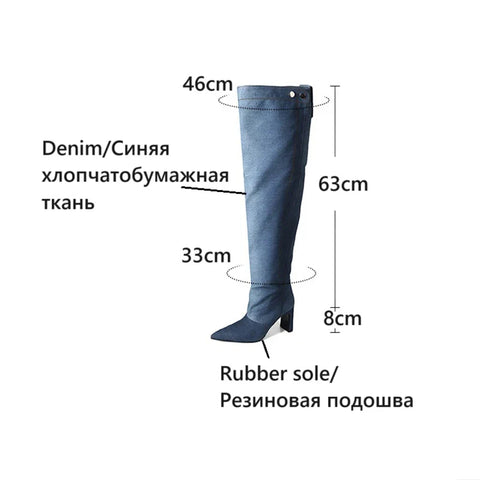 Sonicelife Autumn Women Boots Denim Fabric Shoes for Women Pointed Toe High Heel Shoes Fashion Knee-high Boots Lantern Boots Handmade Shoes