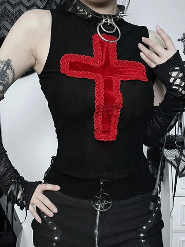Sonicelife Women's Gothic Directional Design Top 2024 New Summer Dark Cross Camisole Tank Top