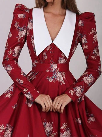 Sonicelife Aynaray 2024 Winter Spring Women Chic France Midi Dress Floral Printed Long Sleeve V-neck A-Line Flare Long Dress Female