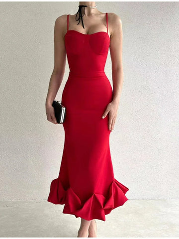 Sonicelife Long Dresses Women Solid Slim Fit Ruffles Dress Sleeveless High Waist Evening Vestidos Hip Wrap Elegant Summer Sexy Party