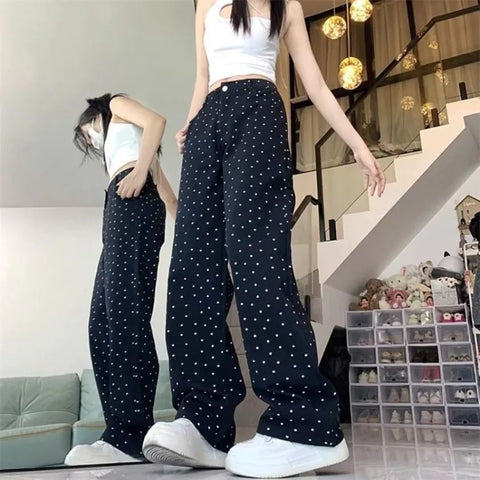 Sonicelife Black Polka Dot Straight Jeans Women High-waisted Loose Wide Leg Pants Autumn Winter Fashion Korean Y2k Streetwear Long Trousers