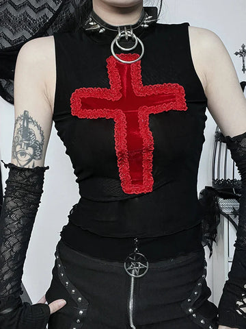Sonicelife Women's Gothic Directional Design Top 2024 New Summer Dark Cross Camisole Tank Top