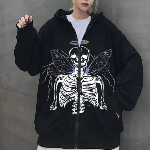 Sonicelife Y2K Aesthetic Zip Up Sweatshirts E-girl Gothic Grunge Emo Skeletons Wings Print Oversized Hoodies Autumn Long Sleeve Coat Top