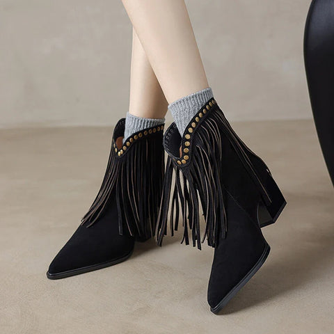 Sonicelife NEW Autumn Women Boots Cow Suede Leather Shoes for Women Pointed Toe Chunky Heel Shoes Rivet Tassel Boots Slip-on Modern Boots