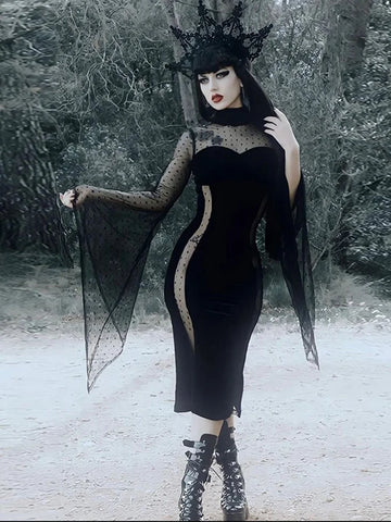 Sonicelife Women's Gothic Short 2024 Dark Design Flared Sleeve Polka Dot Mesh Patchwork Witch Sleeve Dress Women