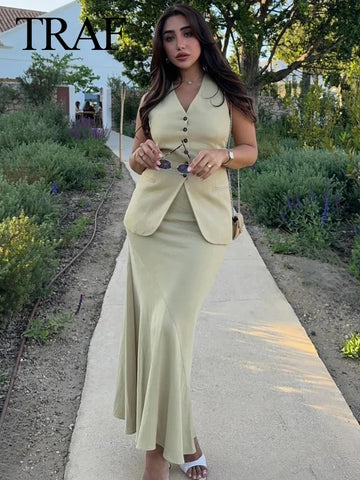 Sonicelife Women 2024 Fashion Summer Vest Skirt Sets Khaki V-Neck Sleeveless Pockets Waistcoats+High Waist Asymmetrical Skirt Suits