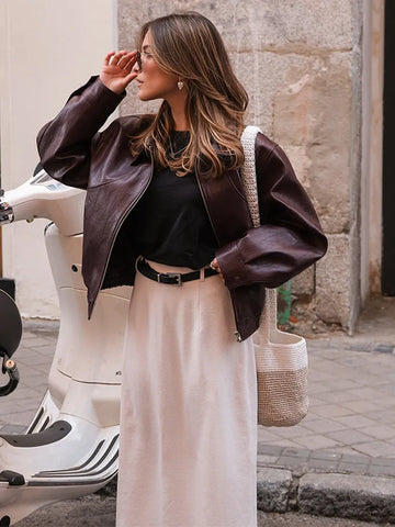 Sonicelife Vintage Solid Color Lapel Zipper Leather Jacket Casual Long Sleeved Elastic Short Women Coat Fall Commuting Street Outerwears