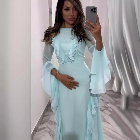 Sonicelife Dress Women 2024 Autumn Long Dresses Tight Waist Full Sleeve Slash Neck Hollow Out A Line Elegant Temperament  Solid Vestidos