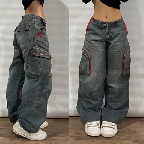 Sonicelife Y2K Baggy Jeans Womens New Multi-pocket Washed Vintage Jeans Harajuku Oversized Denim Pants High Waist Wide Leg Pants Trousers