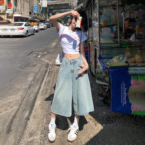 Sonicelife Denim Straight Buttoned High Waist Streetwear Wide Leg Jeans Vintage Blue Jeans Long Pants Y2k Work Summer Blue Jeans Capris