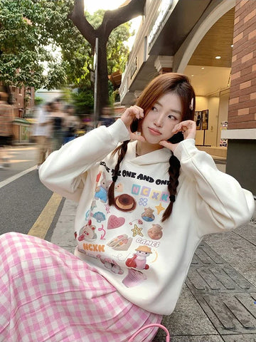 Black Friday Sonicelife Kawaii Animals Print Hoodies Women Cutecore Long Sleeve Hooded Sweatshirt Korean Fashion Beige Oversized Clothing Chic