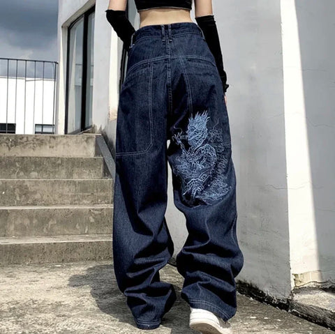 Sonicelife New Big Pocket High Street American Tooling Wide-leg Jeans Female Y2K Street Punk Style Loose Street Brand Washing Old Pant