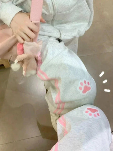 Sonicelife Harajuku Kawaii Pink Stripes Sweatpants Women Japanese Style Sweet Cute Cat Embroidery Trousers Soft Gril Y2k 2024 Chic