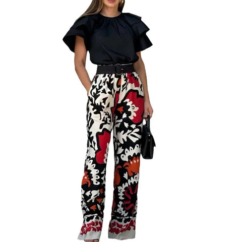 Sonicelife Two Pieces Pant Sets Print Pullover Tops Wide Leg Pants Loose Casual Women Matching Sets Ruffles 2024 Pockets Ankle Length
