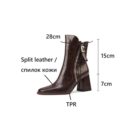 Sonicelife NEW Autumn/Winter Women Boots Split Leather Shoes for Women Pointed Toe Chunky Heel Shoes High Heel Modern Boots Plus Size Shoes