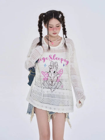 Black Friday Sonicelife Anime Women Sweater Oversize Spider Web Mesh Long Sleeve Top Y2k Kawaii Rabbit Embroidery Korean Style Cutecore Clothes